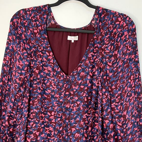 Parker Silk Viscose Button Front Mini Dress Blue Pink Lined Flowy Large Boho - Picture 4 of 14